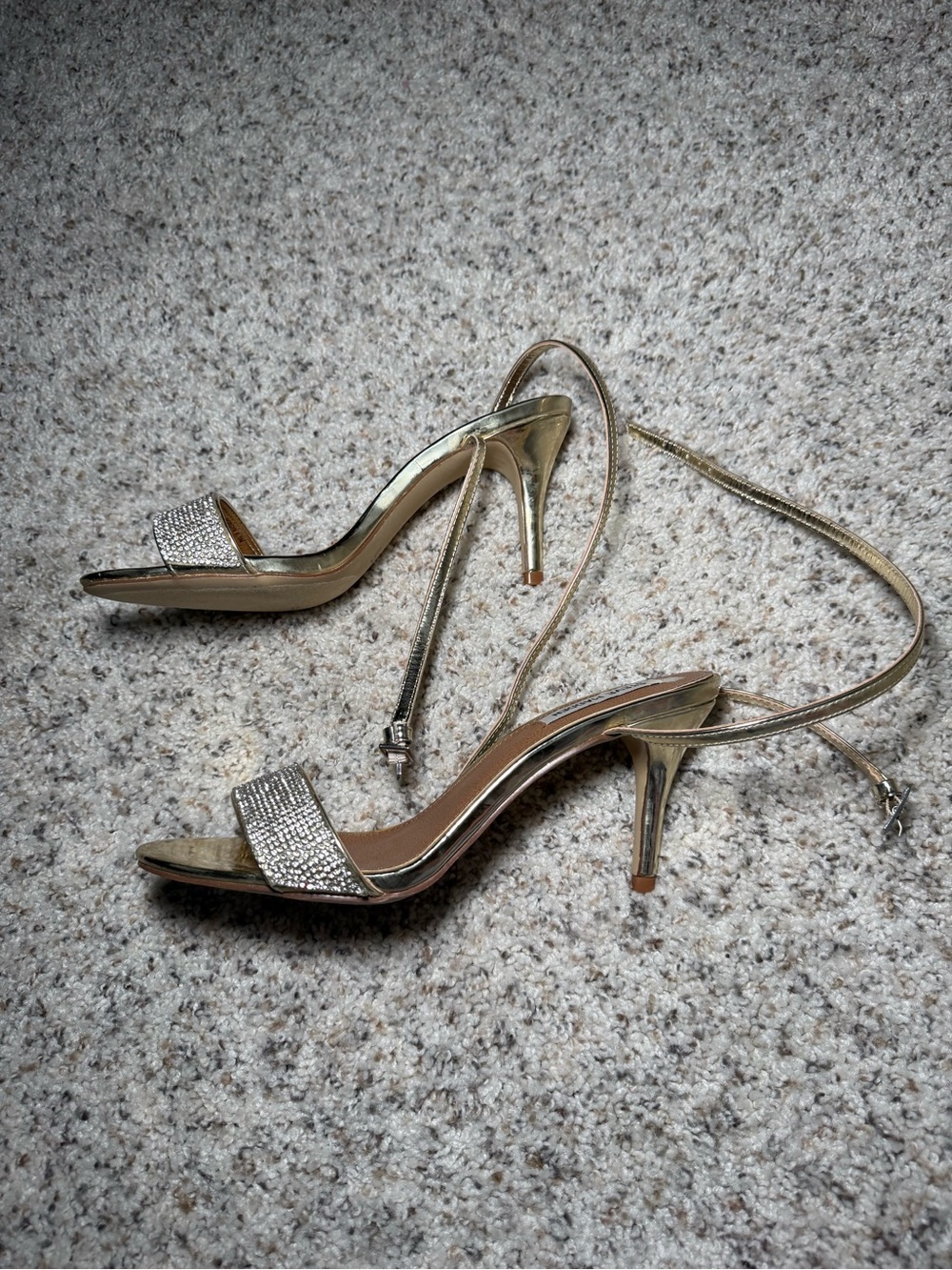Steve Madden Metallic Gold Rhinestone Strap Ankle-Heel Sandals - Picture 2 of 10